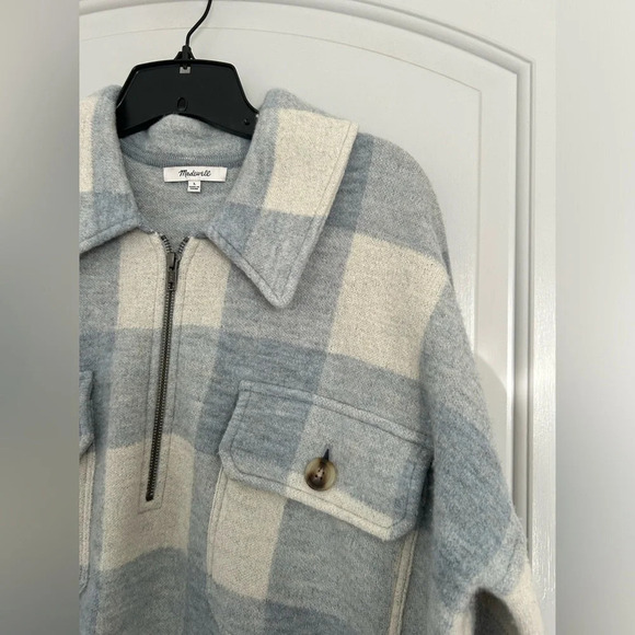 Madewell Boiled 100% Wool Half-Zip Popover Sweater Plaid Blue & White Size XS - Picture 9 of 14